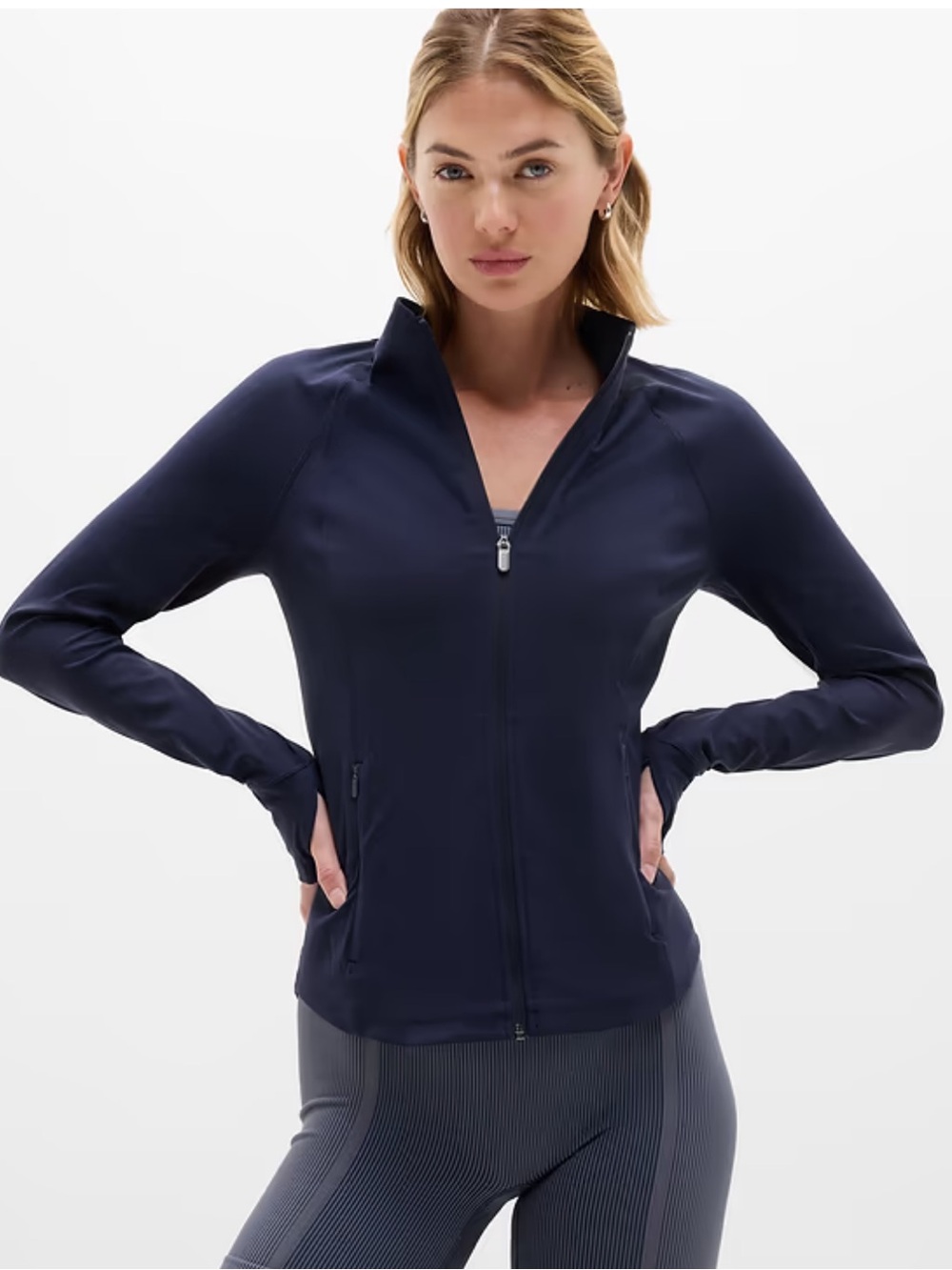 Athleta Salutation Zip Jacket Color Navy medium
